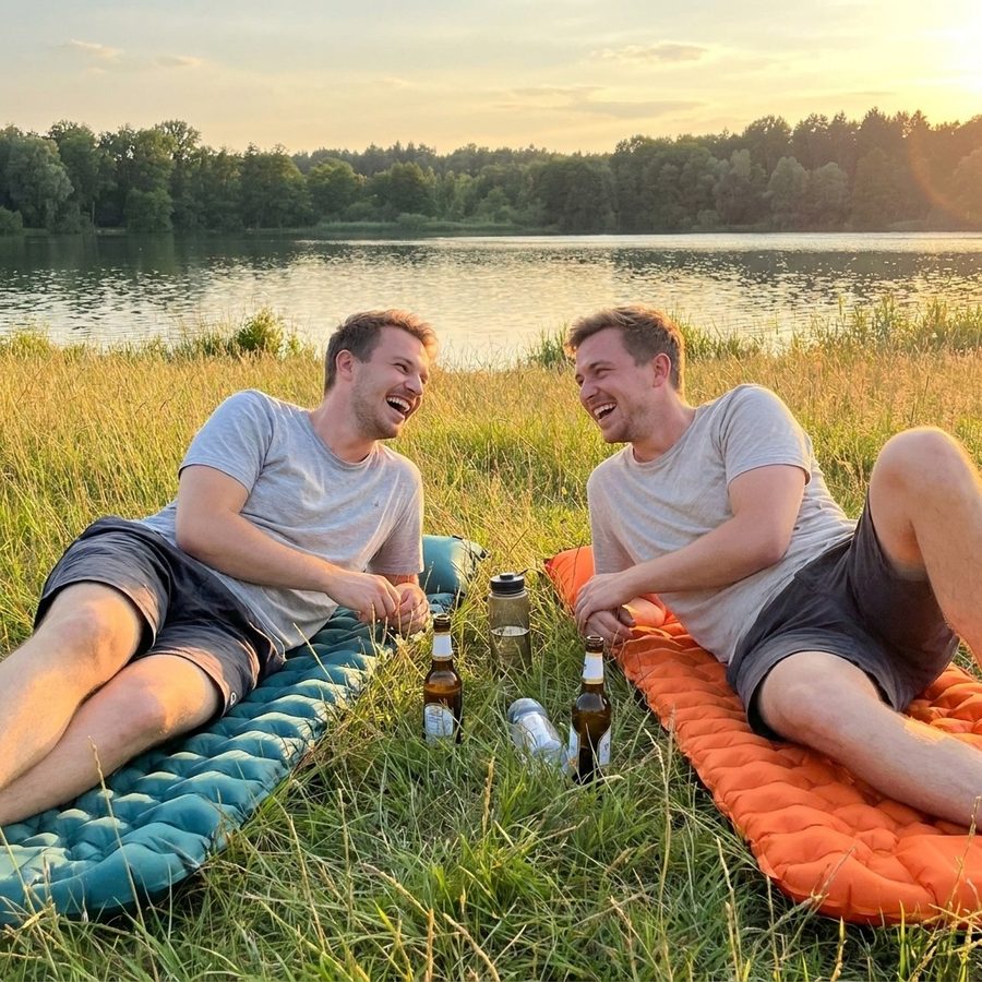 Zwei Personen auf zwei Matten am See