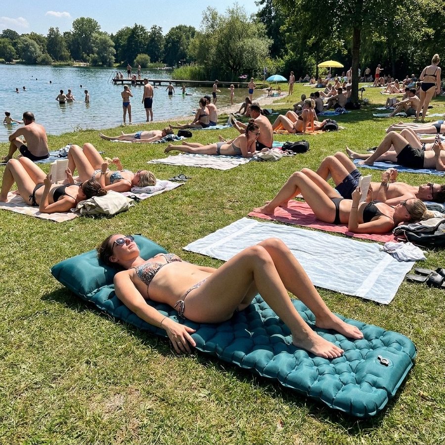 Volle Liegewiese am Badesee, eine Frau liegt erhoeht und entspannt