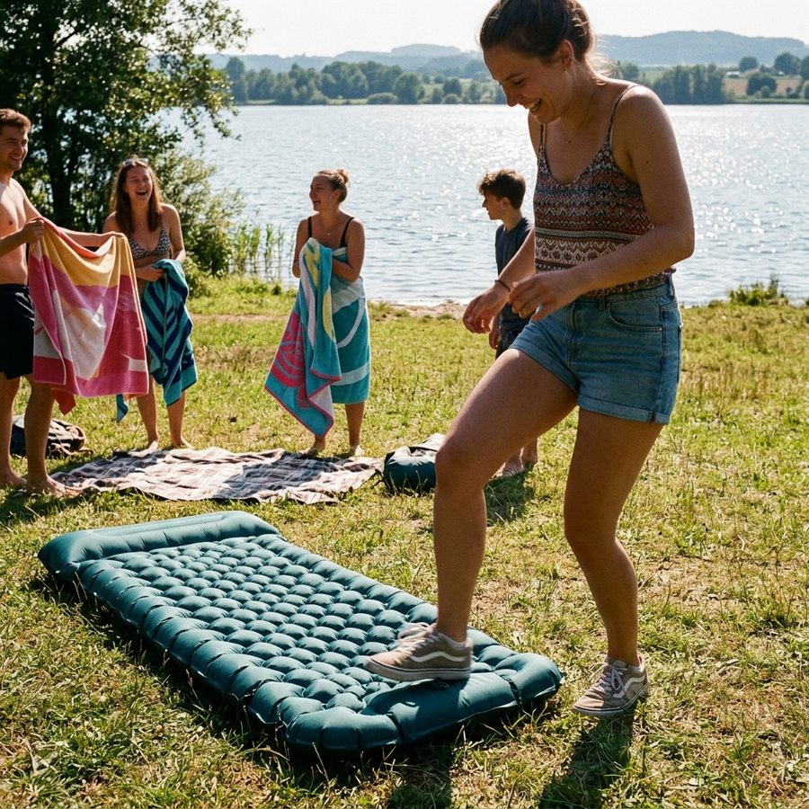 Frau pumpt die Matte mit der eingebauten Fusspumpe auf